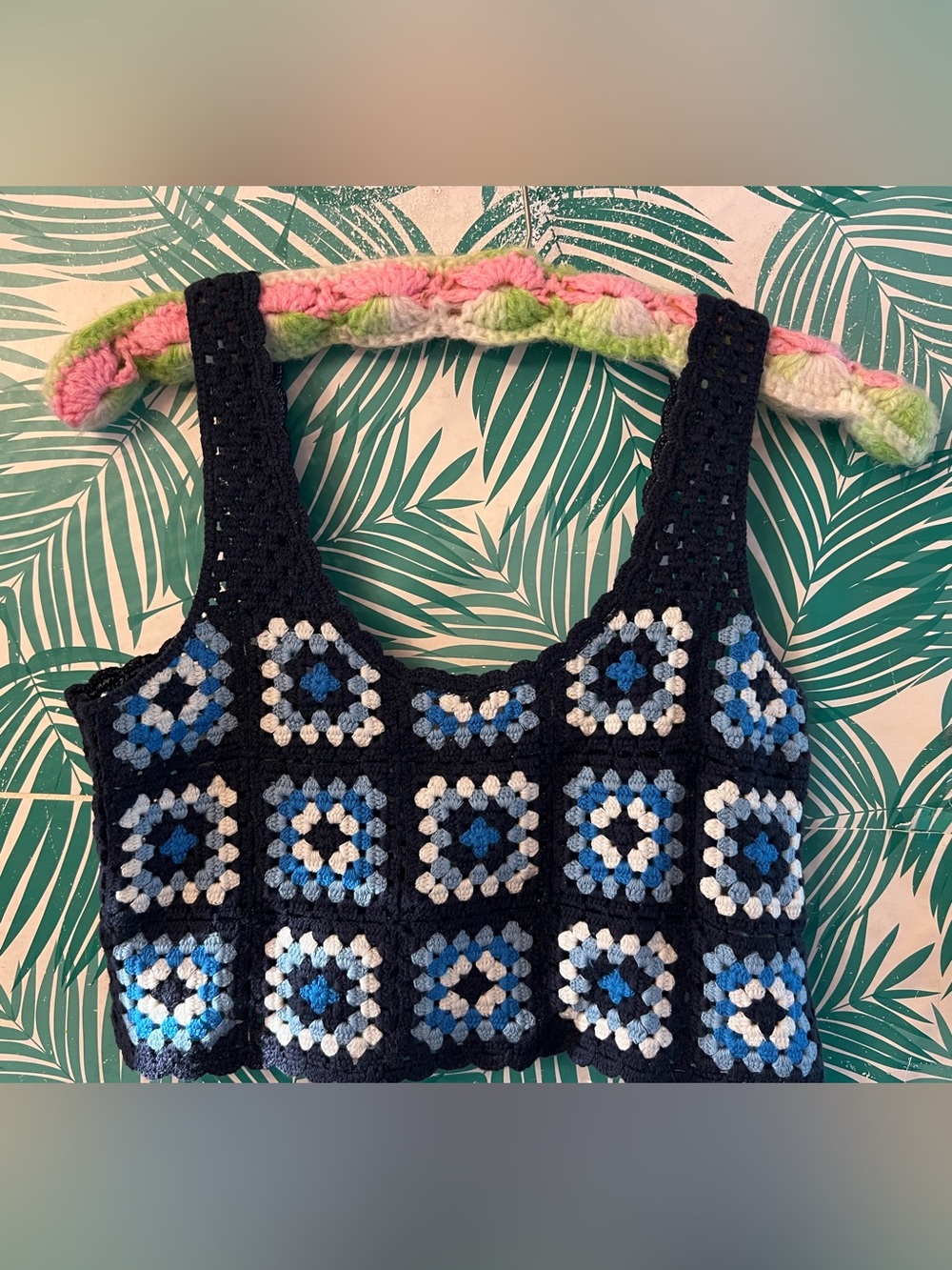 Sincerely Jules Crochet Square Crop Tank Top - Navy, Blue & white Sz XS